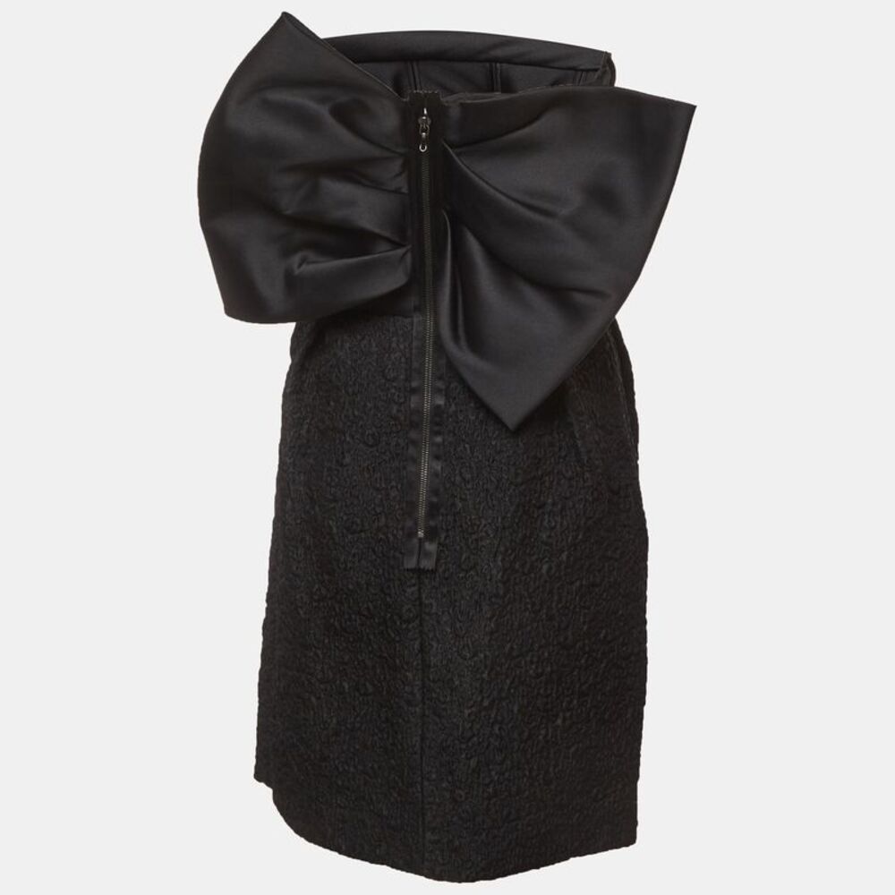Lanvin Black Satin And Textured Jacquard Bow Detail Strapless Mini Dress M - Picture 3 of 7